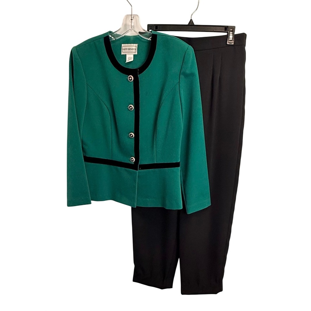 Karin Stevens Vintage Kelly Green Black Velvet Trim Pant Suit Set Size 10